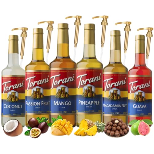 Torani Tropical Paradise Syrup Variety Pack – Mango, Pineapple, Passion Fruit, Coconut, Guava & Macadamia Nut Flavors For Coffee, Lattes, Italian Soda & Mocktails | 6 Pack With 6 Pumps