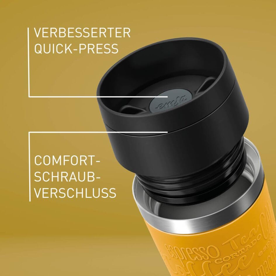 Emsa N20208 Travel Mug Classic Isolierbecher 0,36 Liter | neuer Komfort-Schraubverschluss | Edelstahl | 4h heiß und 8h kalt | 100% dicht | spülmaschinenfest | 360°-Trinköffnung | Senfgelb – Bild 5