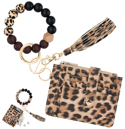 Image of KNGITRYI Wristlet Wallet for Women,RFID Keychain Wallet with Beaded Strap | 8 Card Slots,ID Window,Zipper Pocket,Leather Tassel,Compact Design