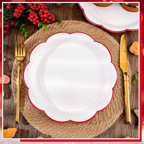Image of NatNarr 30 Pcs Red and White Paper Plates, 9 Inch White Plates with Red Trim Scalloped Galentines Paper Plate Disposable for Valentines, Baby Shower, Wedding, Bridal Shower (Pack of 2)