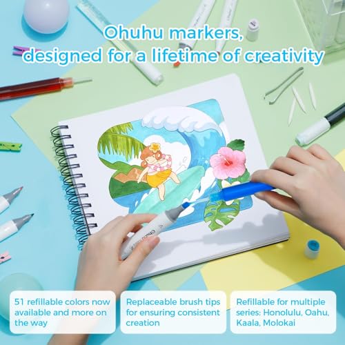 Image of Ohuhu Alcohol Markers Brush Tip -Double Tipped Art Marker Set for Artist Adults Coloring Illustration -120 Colors -Brush &Fine -Honolulu B-Refillable, Multicolour