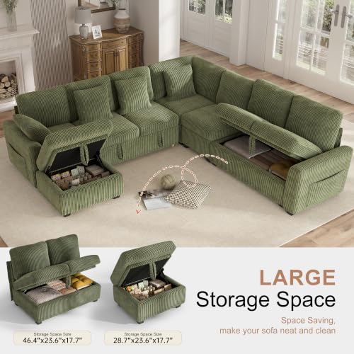 Image of Hanherry 106 inch Sectional Sofa with Pull Out Couch Bed,7 Seat Corduroy Sleeper Sofa with 2 Seat Storage & USB Charging,Storage Ottoman,Comfy Modular Couches for Living Room,Apartment