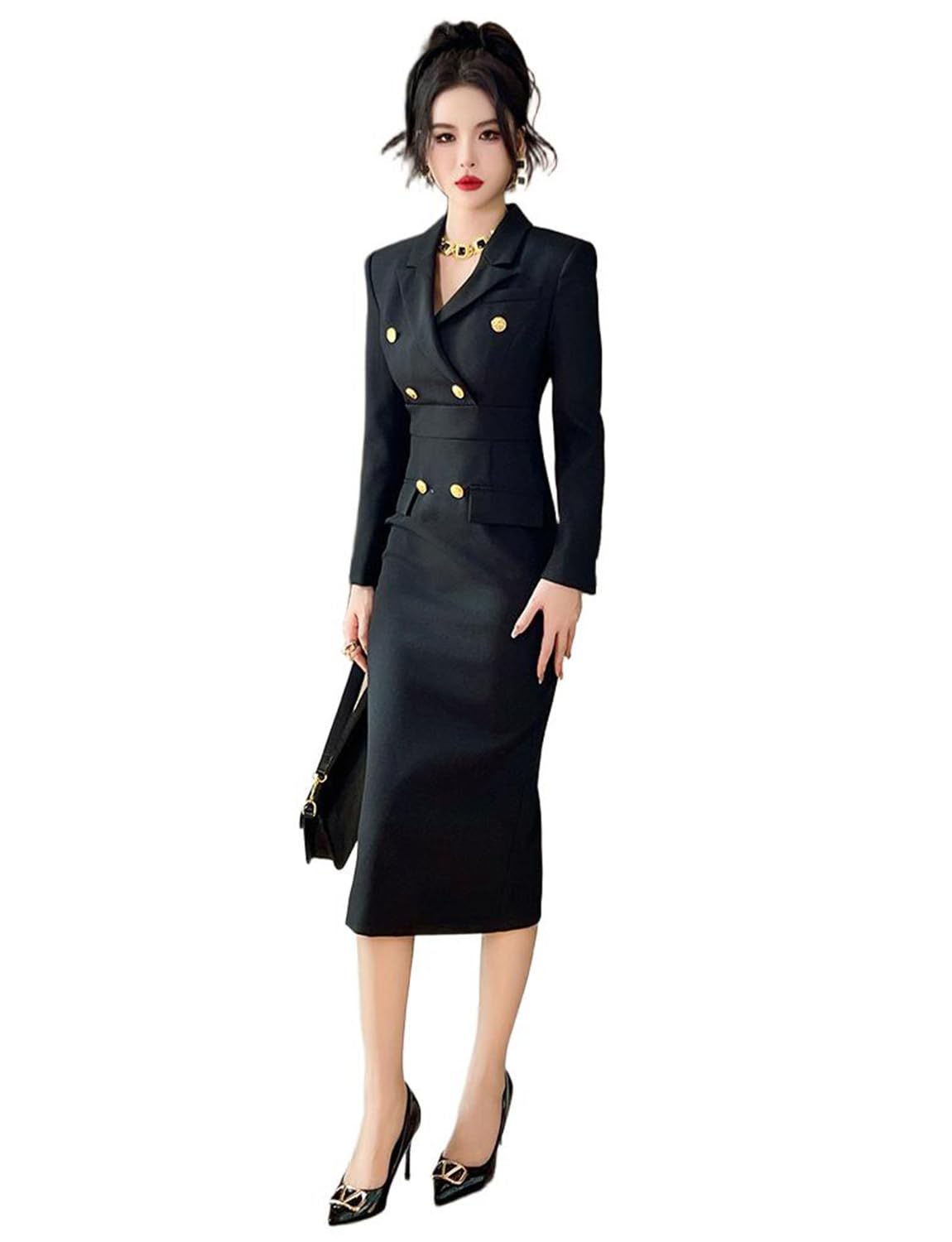 Womens Long Dress Blazer Double Breasted Buttons Suit Coat Banquet Christmas