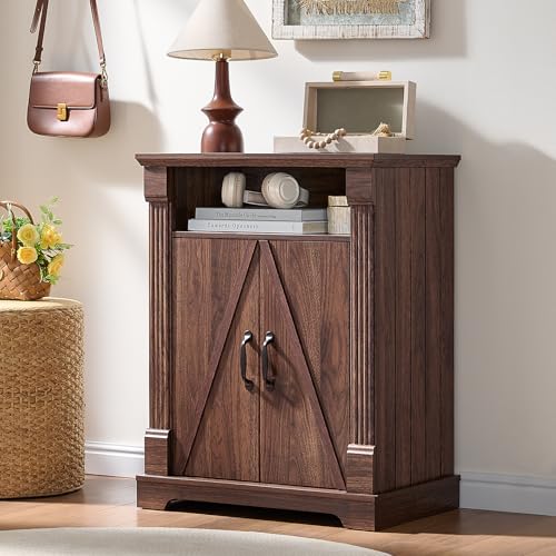 Image of BuildHom 24" Farmhouse Storage Cabinet – Walnut Freestanding Buffet Sideboard with Barn Doors, Adjustable Shelf, Small Coffee Bar for Kitchen, Bathroom & Living Room