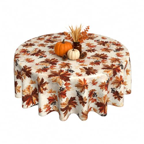 Image of Fall Round Tablecloth 60 Inch Maple Leaves Waterproof Heat Resistant Reusable Table Cloth Thanksgiving Decorations Autumn Table Cover for Holiday Kitchen Dining Party Season Decor