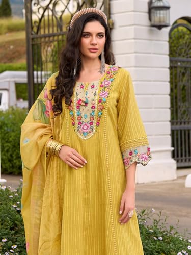 Image of INDO ERA Women's Anarkali Pure Cotton Floral Printed Embroidered Kurta & Pant with Dupatta Set (IEOUT10688)