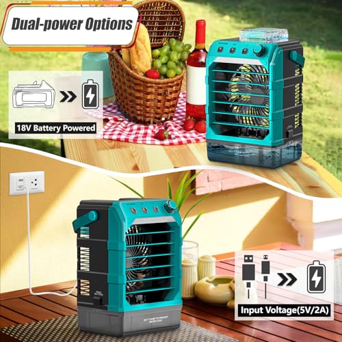 Rozlchar Portable Cooling Fan Compatible for Makita 18V Battery(No Battery) w/USB Input Powered, Outdoor Camping Fan w/Mist, Timing Function, 1600mL Water Tank & LED for Home, Outside, Camping