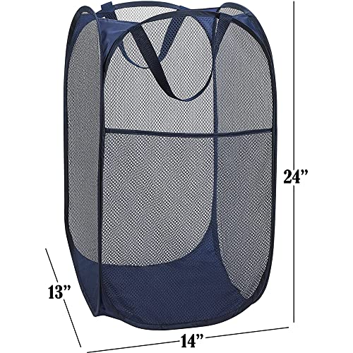 Image of BATTOO Deluxe Strong Mesh Pop up Laundry Hamper Basket with Side Pocket for Laundry Room, Bathroom, Kids Room, College Dorm or Travel Navy Blue