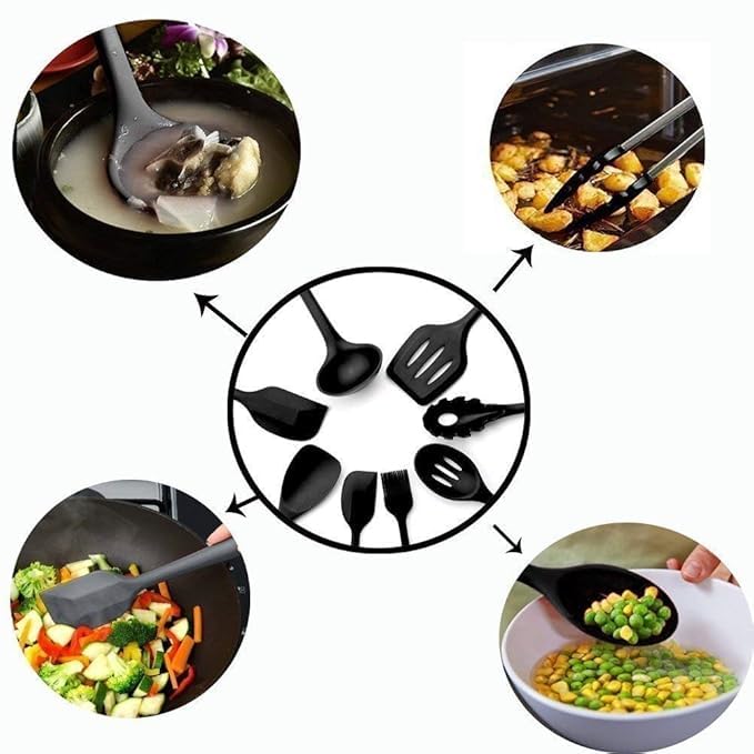 Image of Silicone Kitchen Spatula and Utensils Spoon Set Cooking + Baking Set- 12 Pcs Non-Stick with Wooden Handle-BPA Free, Heat Resistant Item, Flexible Non Toxic Silicon Cookware Tools