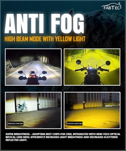 Image of FABTEC 1 Eye Owl Light Mini Drive Led Projector Fog Light with White /Yellow + Flasher Light Modes for Bikes and Scooty with Free On /Off Switch (Metal Body /Set of 2 Pcs)