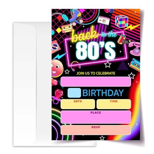 Invitations fête années 80 pour enfants et adultes | Lot de 26 cartes de 10x15 cm