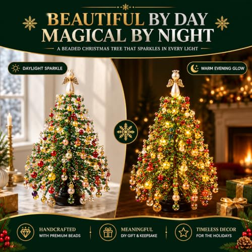Beaded Christmas Tree Kit, DIY Christmas Tree Craft Kit with Lights, Handmade Beaded Christmas Tree Decoration, Tabletop Holiday Ornament Making Kit for Adults, Family Halloween & Christmas Crafts - image 5
