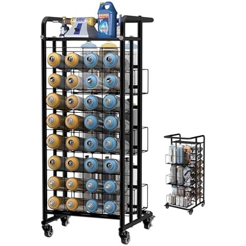Nisorpa Spray Paint Can Holder 32 Slots Aerosol Can Storage Rack 8-Tier Metal Lube Can Holder Movable Spray Can Organizer Cart with 3 Baskets for Garage Craft Workroom Shop-1pc,Black Cover