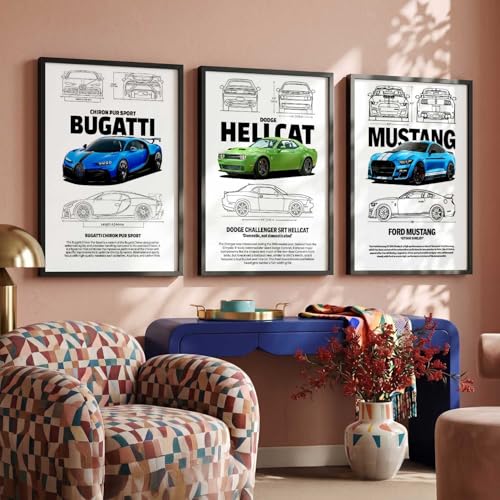 Image of walllane Big Bugatti Chiron, Dodge Hellcat, Ford Mustang Cars Framed Posters Gift Items for Boys Room Wall Decoration Bedroom Living Room Office Studio Decor | Car Poster Frame for Wall Decor Set Of 3 Size(10x13 inch), Framed)