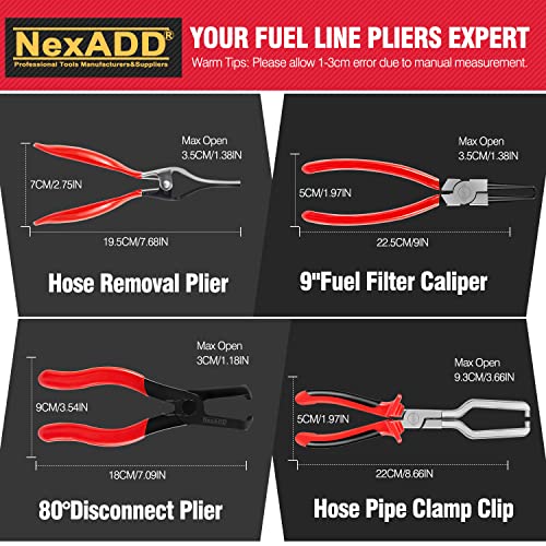 Nexadd Fuel Line Pliers Set 4Pcs | Hose Remover Pliers | 9 Inch Fuel Filter Caliper | Hose Pipe Clamp Clip | 80 Degree Disconnect Pliers Set For Auto Maintenance With Storage Case #TOP6