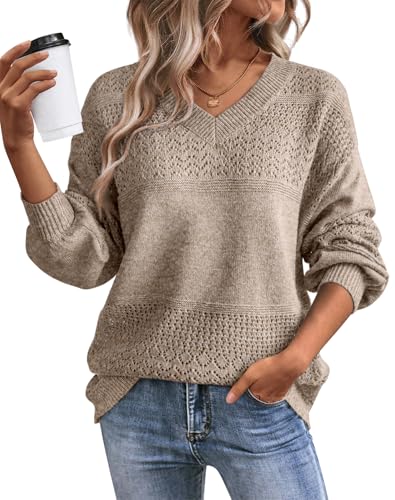 ATHMILE Womens Sweaters 2026 Fall Fashion Outfits Casual Lightweight V Neck Crochet Oversized Sweater Teacher Outfits Cable Knit Pullover Tops Old Money Clothes with Leggings Brown