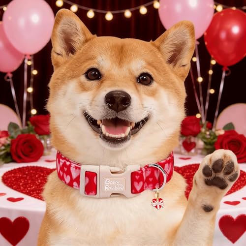 Image of Valentine's Lovely Pink Heart Dog Collar for X-Small Dogs | Valentine Pet Outfit,Wedding,Anniversary,Daily Walks,Adjustable,Cotton Fabric,Quick Release Plastic Buckle,Pendant,Female Dog