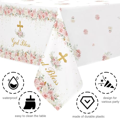 Image of MEHOFOND 3 Pack God Bless Tablecloths, 108 x 54 Inch Pink Flowers Baptism Disposable Table Cloths, Christening Plastic Table Cover, Bautizo Communion Holy Party Decorations for Girls Church