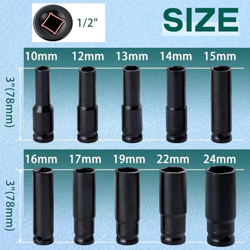 SPEEDWOX 10pcs 1/2" Drive Deep Impact Socket Set Metric Socket Set 10-24 mm, Deep Sockets - Image 4
