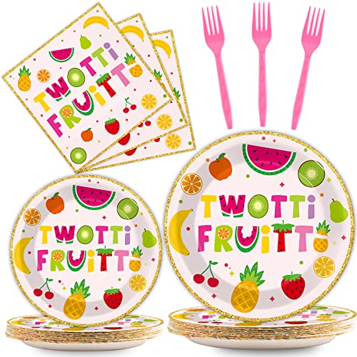 OBUSATT 96Pcs Twotti Frutti Party Supplies Summer Fruit 2nd Birthday Paper Plates Napkins Fruit Party Decorations Lemon Watermelon Pineapple Strawberry Dinnerware Favor Tableware Serves 24