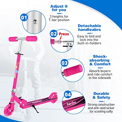 BELEEV V1 Kids Scooters for Girls, 2 Wheel Folding Kick Scooter with Light Up Wheels, 3 Adjustable Height, Lightweight Scooter with Kickstand for Children Ages 3-12 (Hot Pink) - image 6
