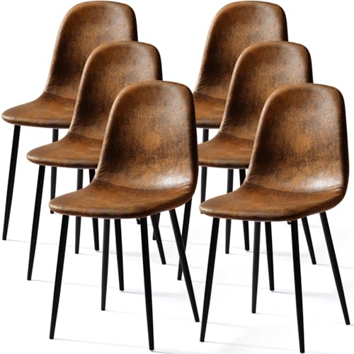 FurnitureR Dining Chairs Set of 6, Fabric Suede Dining Room Side Seating, Kitchen Chairs Mid-Back with Metal Legs for Living Room, Restarant, Cafe, Brown