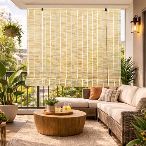 Estor Enrollable De Bambú Exterior, Persiana De Bambú Filtrado De Luz, Cortina De Caña Ajustable Opaca De Ocultación Decorativa, Tejido A Mano Y Protección Solar, para Puertas(Natural White)