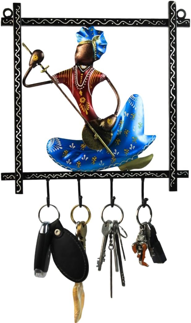 Painted Metal Key Holder with Hooks for Keys | Attractive Welcome Your Home by Rajasthani Musician in Traditional, Ethnic Dhoti and Turban | Handmade in Jodhpur, India | 11x10x2 in (Blue)
