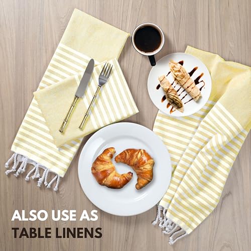 Image of Turkish Kitchen Towels 18x26 Inches with Tassels - 4 Pack - Ultra Absorbent, Durable, Soft 100% Cotton Dish Towels for Drying & Cleaning - Machine Washable, Quick-Dry - Lemon Yellow
