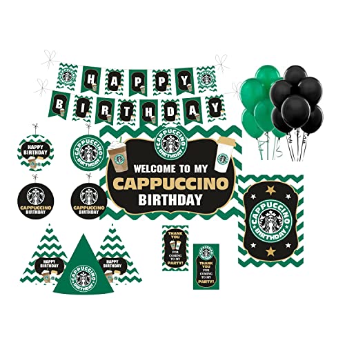 Image of Cappuccino Celebration Kit - 80 pcs includes Banner, balloons, thank you cards, centerpiece, danglers, Cappuccino Birthday Party Supplies, Event Decor, Banner for Coffee Lovers.