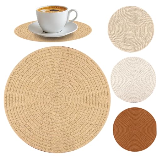 Sets de table ronds 33 cm lot de 4 en coton marron mélangé rustique - 7
