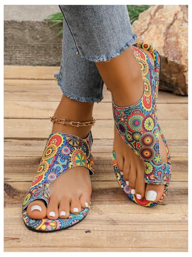 Women's Boho Tribal Print Flip Flops Open Toe Ankle Strap Beach Vacation Flat Sandals3
