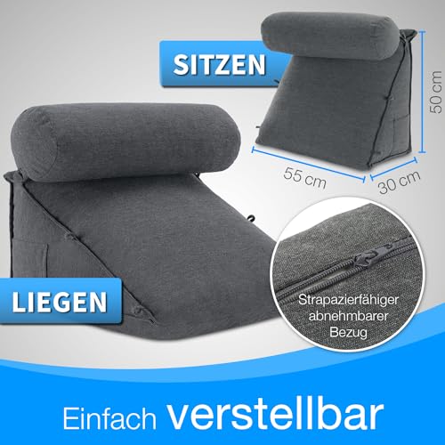 ELONEO Rückenkissen Bett/Sofa mit Abnehmbarer Nackenrolle und Seitentasche, Rückenstützkissen mit Nackenkissen, Bezug waschbar, Lesekissen, Bücherkissen, Rückenlehne