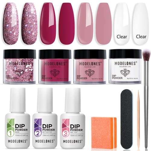 Modelones 11 Pcs Dip Powder Nail Kit Starter, 4 Colors Clear Nude Pink Glitter Dipping Powder System Liquid Set with 15ml Base & Top Coat Activator for French Nail Art Beginner Manicure DIY Salon