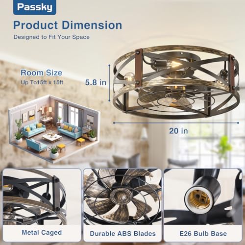 Image of Passky 20 inch Farmhouse Flush Mount Ceiling Fans with Lights and Remote, Industrial Black Caged Low Profile Fandelier, 6 Speeds Bladeless Ceiling Fan for Bedroom, Kitchen, Living Room