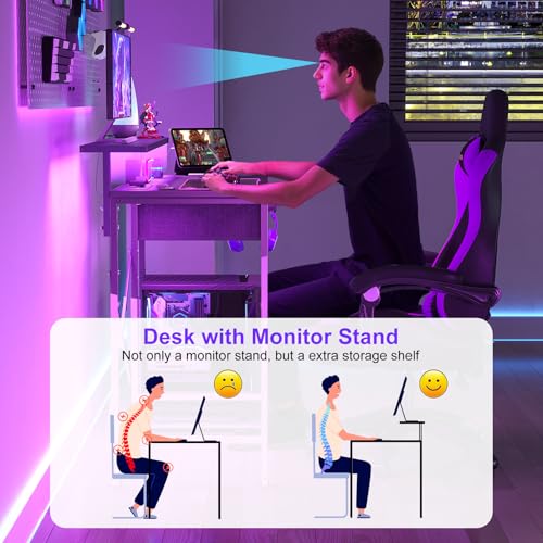 Image of X-cosrack 33.5 inch Small Gaming Desk with LED Lights & Long Monitor Stand, Compact Computer Desk with Power Outlets & CPU Stand, Gamer Table with Storage Drawer for Home Office, Bedroom Corner, Black