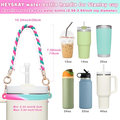 HEYSKAY Water Bottle Handle with Strap for Stanley 12-40OZ Tumbler Water Bottle Strap for Carrying Owala Flask 24-40oz Water Bottle Sling As Stanley Cup Accessories with 2PCS Silicone Straw Covers