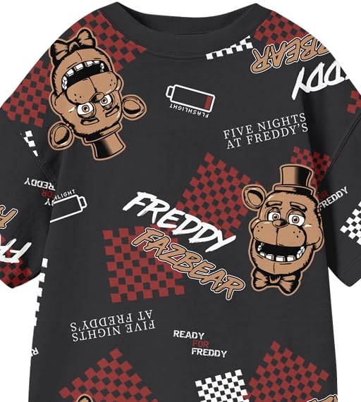 Five Nights at Freddy's Low Battery & Checkered Squares All-Over Print Youth Black Crew Neck Short Sleeve T-Shirt2