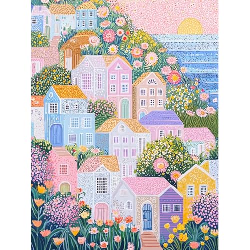 Image of Clendo DIY Paint by Numbers Kit for Adults Beginner, Seaside House Adult Paint by Number Kits on Canvas, Oil Painting Kit for Gifts Home Wall Decor 16x20 Inch(No Frame)