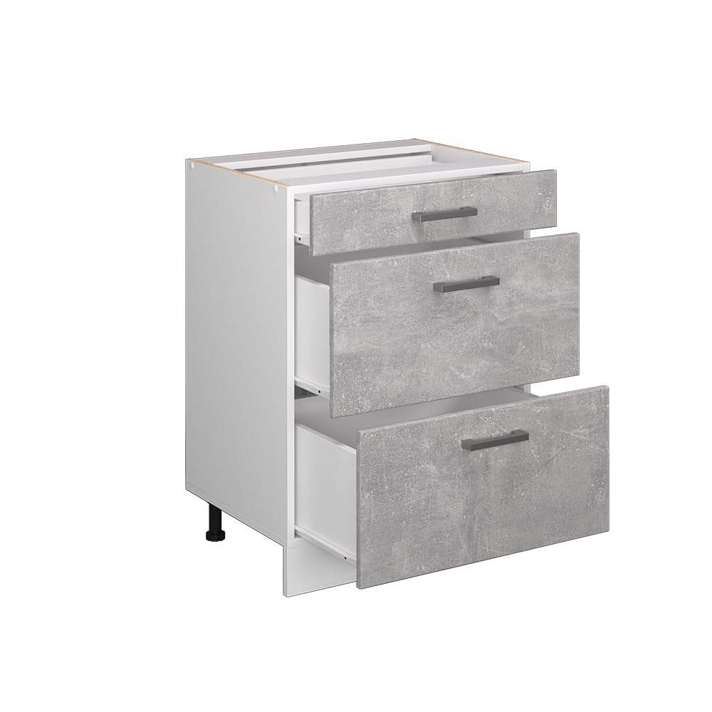Vicco Mobiletto base per cucina R-Line, Calcestruzzo, 60 cm con cassetti, senza piano di lavoro, per la libera combinazione all'interno di sistemi cucina modulari