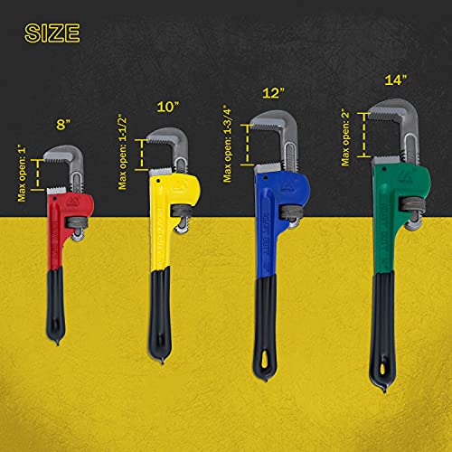 KOTTO 4 Pack Set Heavy Duty Pipe Wrench Set Heat Treated Adjustable 8, 10, 12, 14 Inches Soft Grip Plumbing Wrench Set with Storage Bag (Colored)