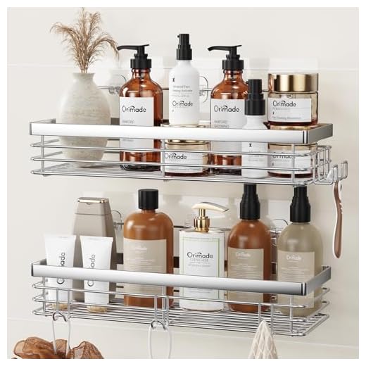 Orimade Adhesivo Estantes Cesta para Ducha con 5 Ganchos para Colgar Esponjas y Cuchillas Estanteria Organizador Baño SUS304 Acero Inoxidable Sin Taladro