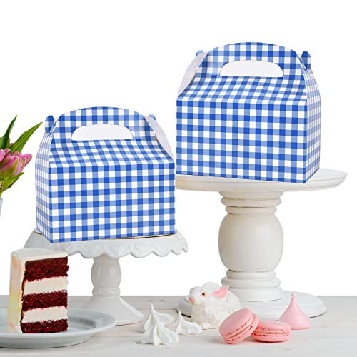 Blue And White Gingham Treat Boxes 24 Pieces Candy Gable Boxes Goodies Boxes Cardboard Present Boxes With Handles For Birthday Party Family Dinner Picnic Barbecue Father's Day Party #TOP6