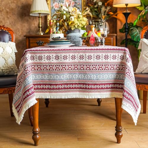 SUTAVIA Red Boho Tablecloth Cotton Linen Fabric with Tassel Table Covers Wrinkle Free Bohemian Washable Tablecloths for Home Decor Holiday Party Dining Table(Vintage Red, Rectangle, 60"x120") by SUTAVIA - Used condition - US$13.81