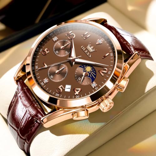 Image of OLEVS Men's Watches Brown Leather with Date,Casual Watches for Men,Large Face Watches Men,Chronograph Mens Watch,Sport Waterproof Business Dress Analog Quartz Men's Wrist Watches Reloj De Hombre
