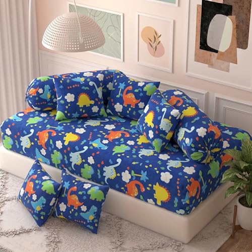 Image of Filymore Dinasour 8 Pieces Diwan Set for Kids and Living Room Made with Pure Microfiber Package Contains One Single Bedsheet, 5 Cushions Covers and 2 Bolster Covers (Colour -Blue)