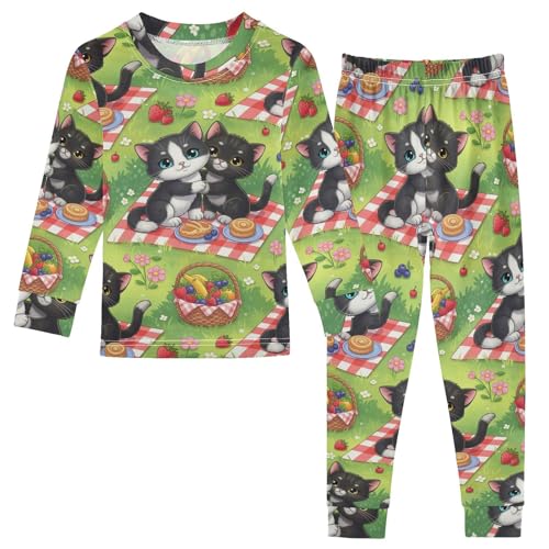 Pajama Sets Long Sleeve Cats Picnic Basket Food Soft Comfy Sleepwear 2 Piece PJS 3-8T