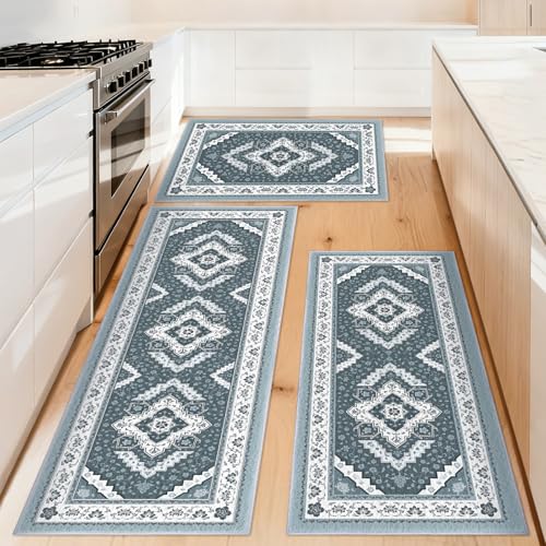 ArtyCozy 3-Piece Boho Washable Kitchen Runner Rug Sets, Soft Faux Wool Carpet Runners with Non-Slip Backing, Stain & Water Resistant Long Mats for Hallway, Laundry, 20
