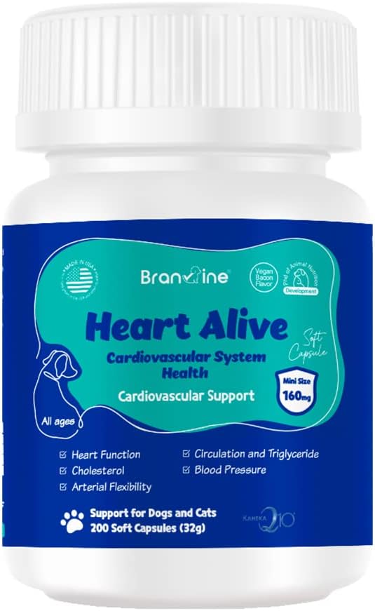 Branvine Heart Alive Cardiovascular System Health for Dogs and Cats-Norwegian Fish Oil, Coenzyme Q10, Vitamin K2, Policosanol, Hawthorn Berry Extract, Vegan Bacon Flavor(200 Soft Capsules)