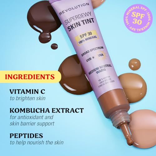 Image of Revolution Superdewy SPF 30 Skin Tint, Medium Neutral | Tinted Mineral Face Foundation, Buildable Coverage for Facial Glow, 12% Zinc Oxide, Vegan & Cruelty-Free